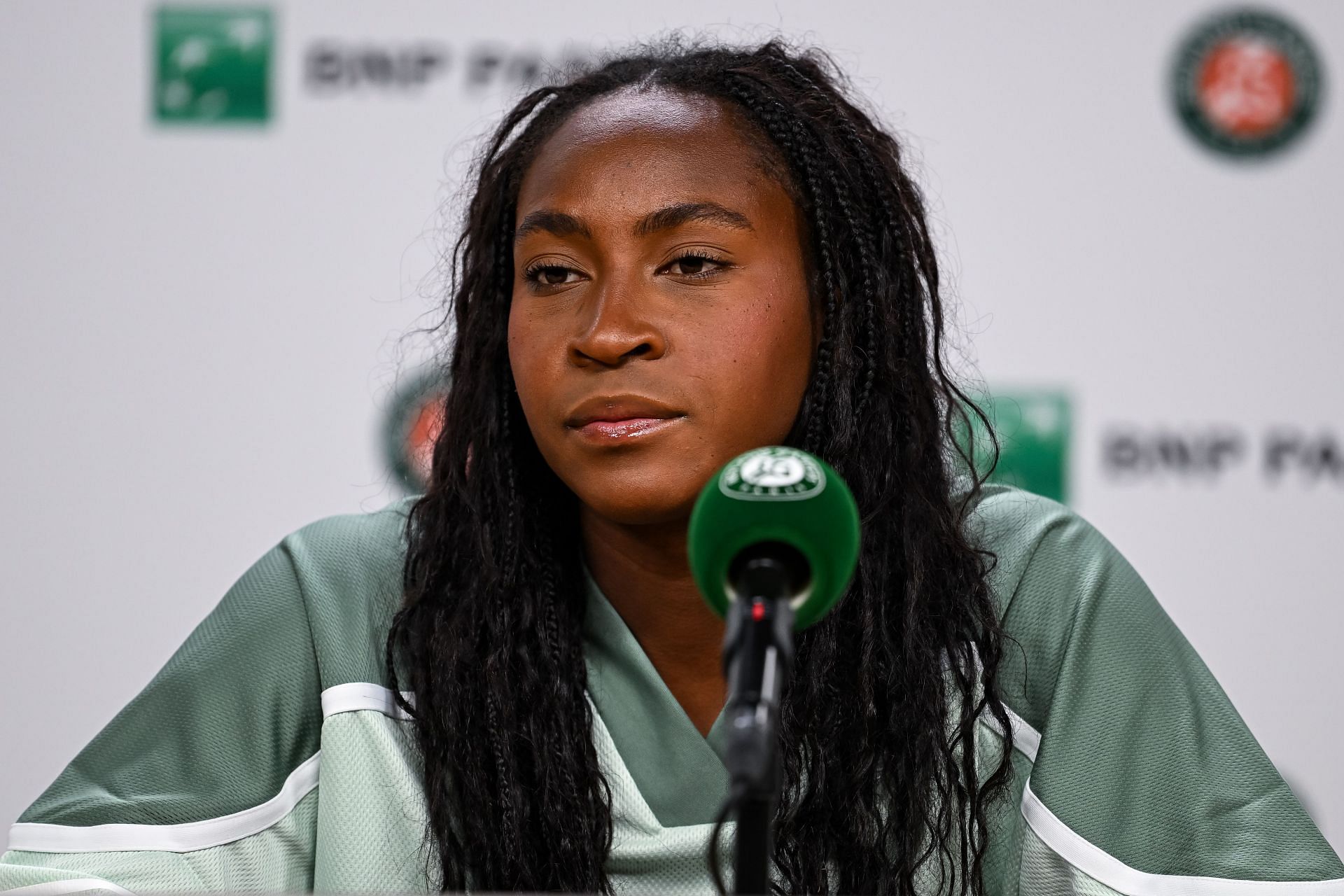 Coco Gauff at a press conference at the 2025 French Open (Source: Getty)